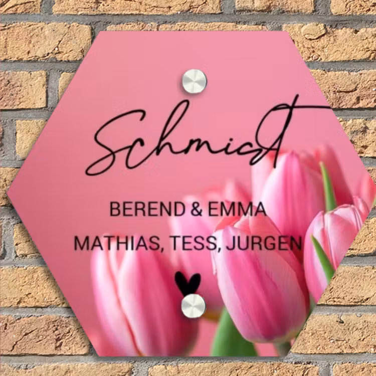 Roze tulpen - Sierlijk Naambord Hexagon klein -sfeer1