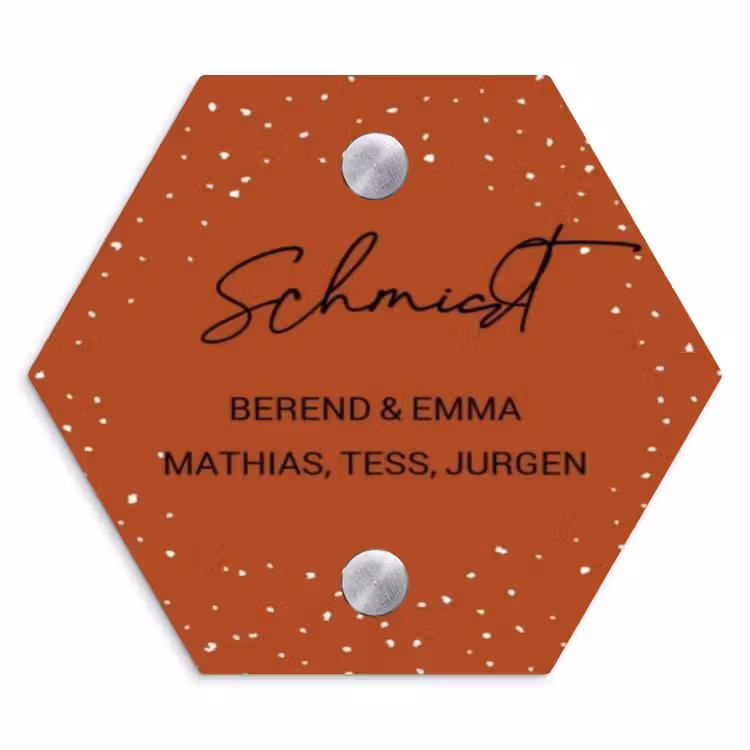 Roestbruin met stippen - Sierlijk Naambord Hexagon klein -3d