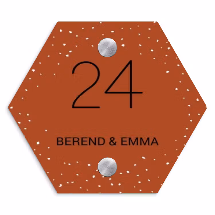 Roestbruin met stippen - Klassiek Naambord Hexagon klein -3d