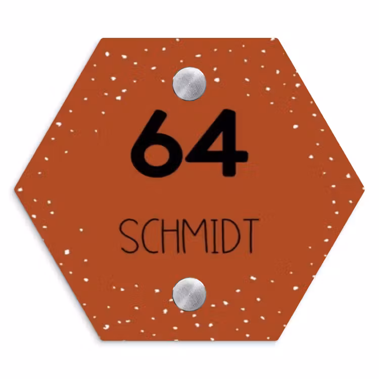 Roestbruin met stippen - Modern Naambord Hexagon klein -3d
