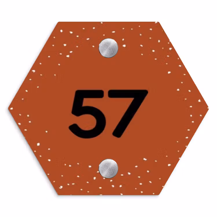 Roestbruin met stippen - Traditioneel Naambord Hexagon klein -3d