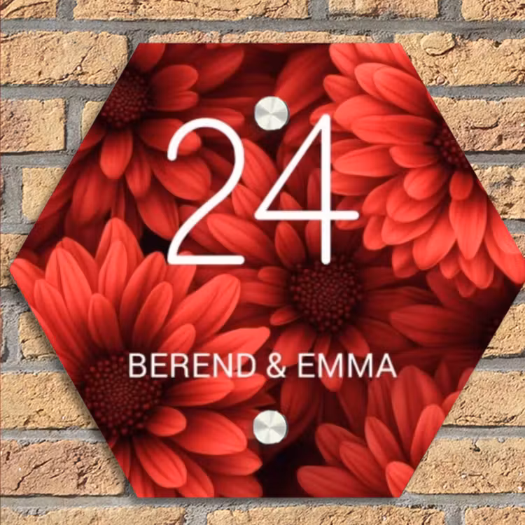 Rode bloemen - Klassiek Naambord Hexagon klein -sfeer1