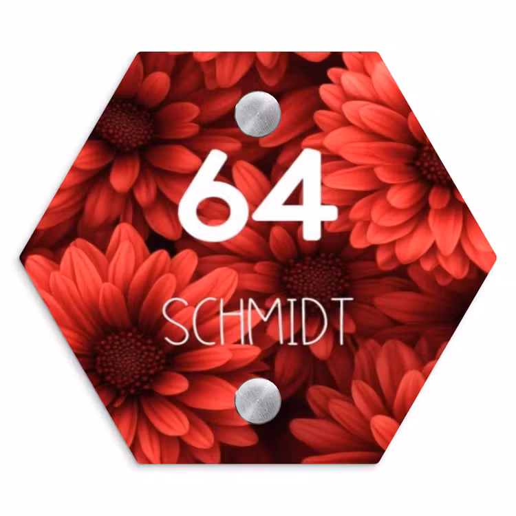 Rode bloemen - Modern Naambord Hexagon klein -3d