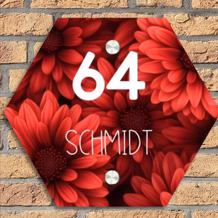Rode bloemen - Modern Naambord Hexagon klein -sfeer1