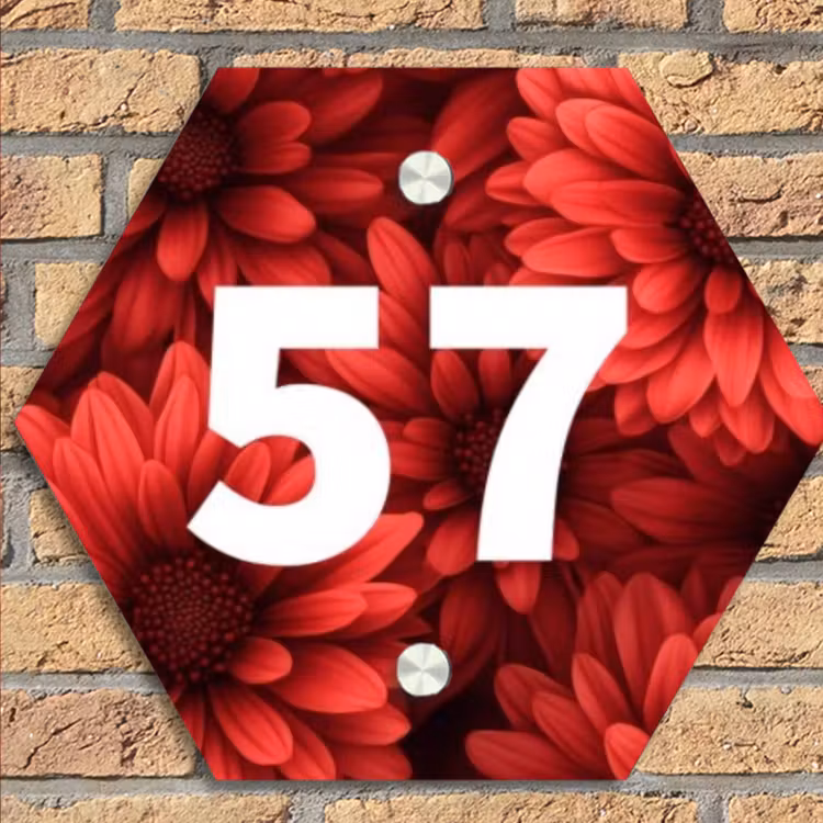 Rode bloemen - Traditioneel Naambord Hexagon klein -sfeer1