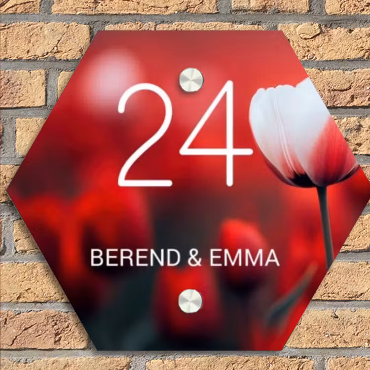 Rode tulpen - Klassiek Naambord Hexagon klein -sfeer1