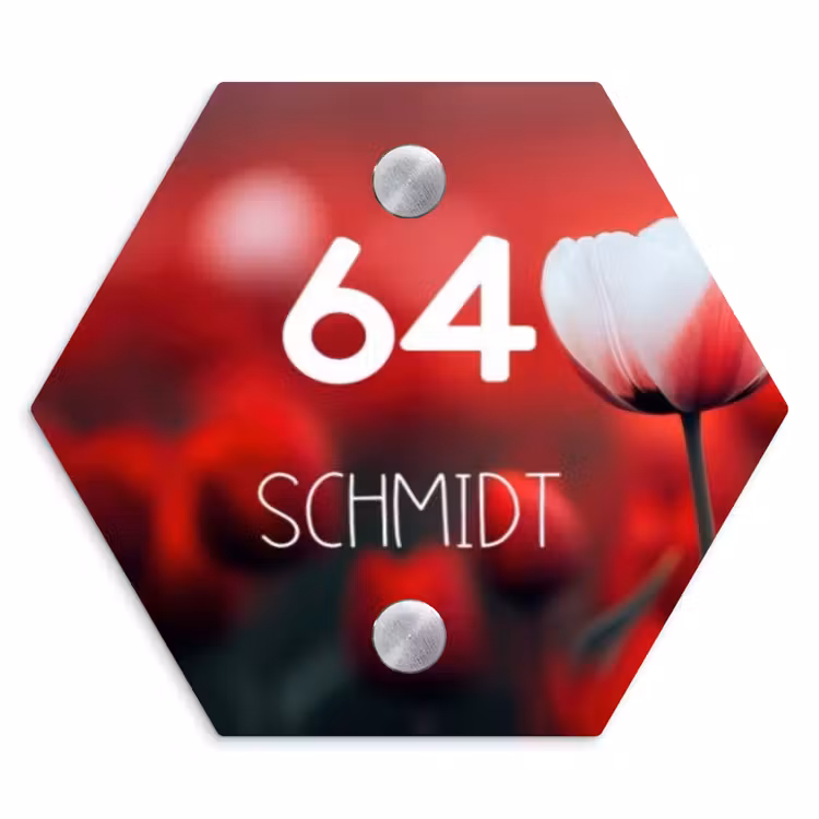 Rode tulpen - Modern Naambord Hexagon klein -3d