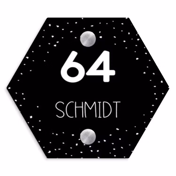 Zwart met stippen - Modern Naambord Hexagon klein -3d