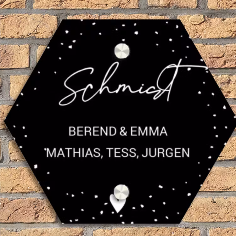 Zwart met stippen - Sierlijk Naambord Hexagon klein -sfeer1