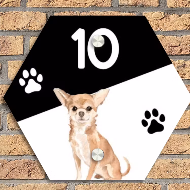 Zwart wit - Huisdier - Chihuahua Naambord Hexagon klein -sfeer1
