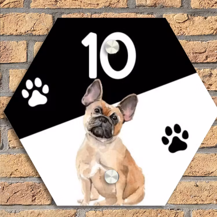 Zwart wit - Huisdier - Franse bulldog Naambord Hexagon klein -sfeer1