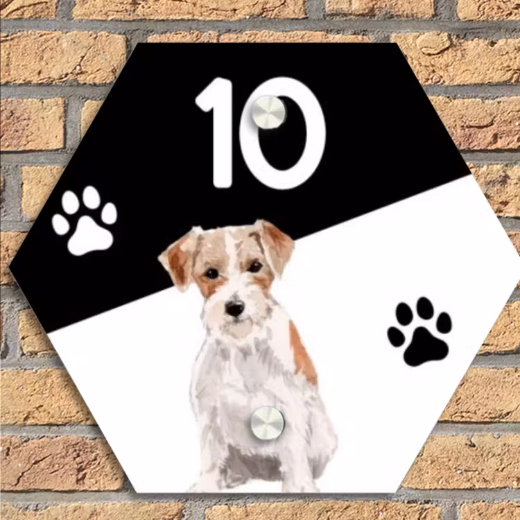 Zwart wit - Huisdier - Jack Russel Naambord Hexagon klein -sfeer1