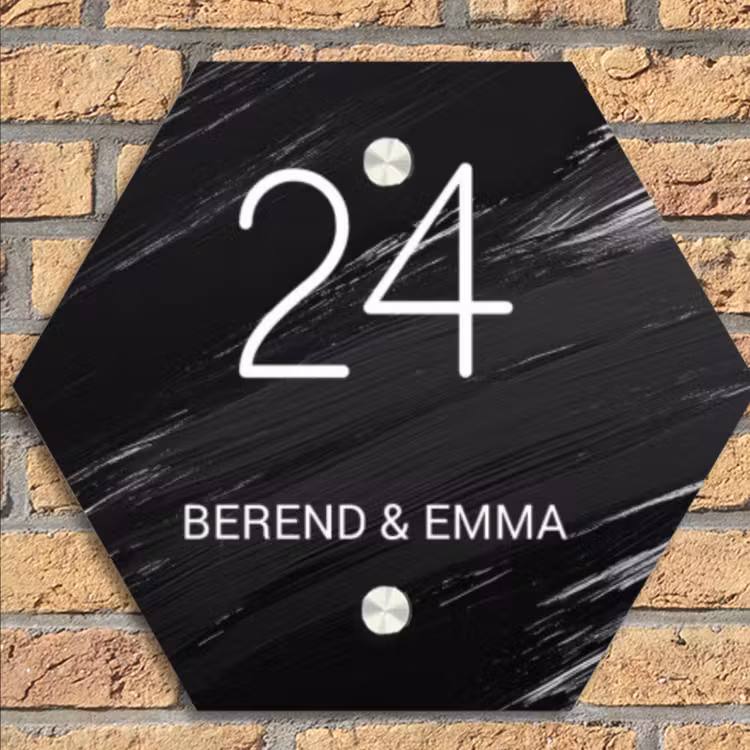 Zwart verftextuur - Klassiek Naambord Hexagon klein -sfeer1