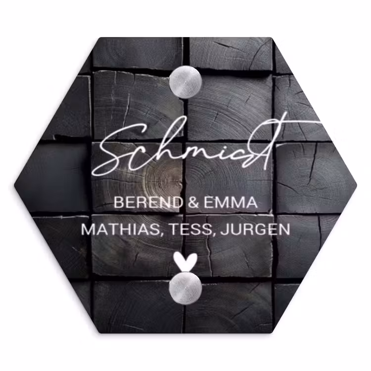 Zwarte houtblokken - Sierlijk Naambord Hexagon klein -3d