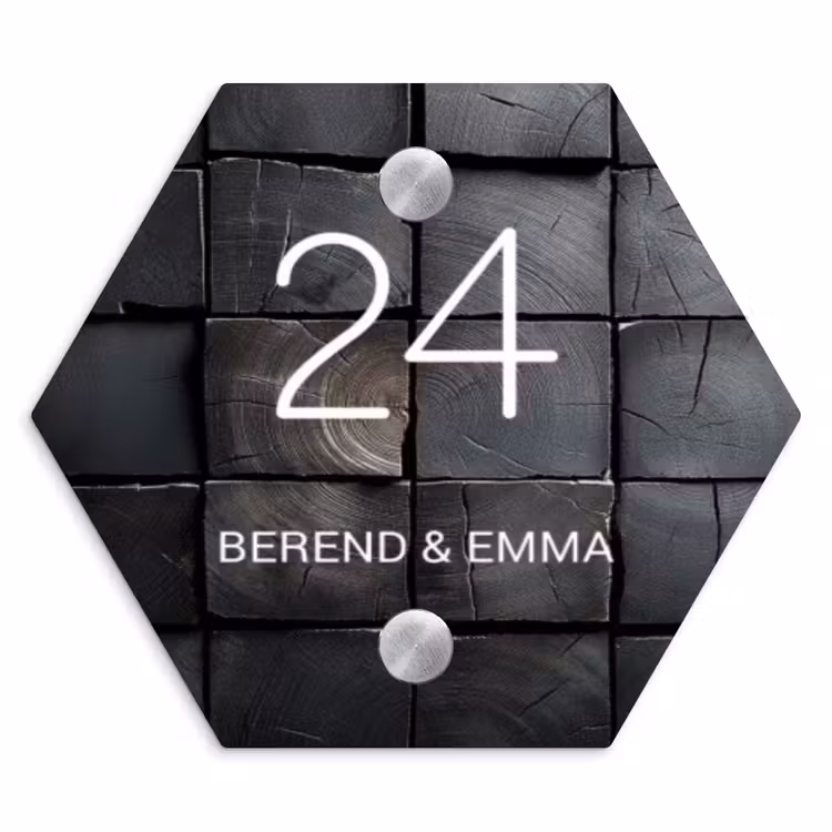 Zwarte houtblokken - Klassiek Naambord Hexagon klein -3d