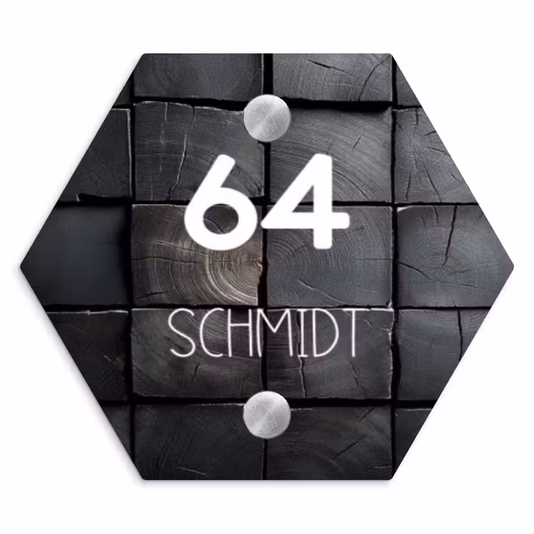 Zwarte houtblokken - Modern Naambord Hexagon klein -3d
