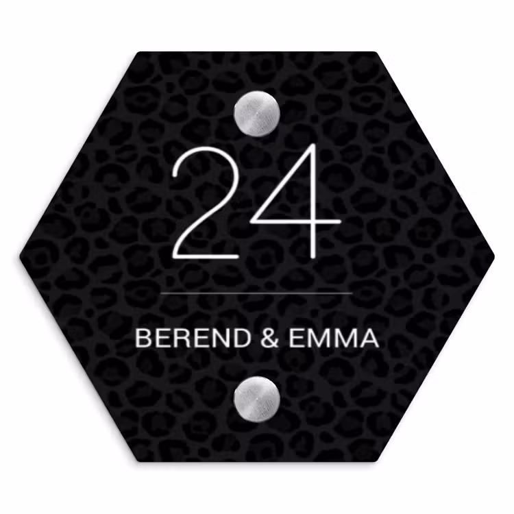 Zwart panterprint - Klassiek Naambord Hexagon klein -3d