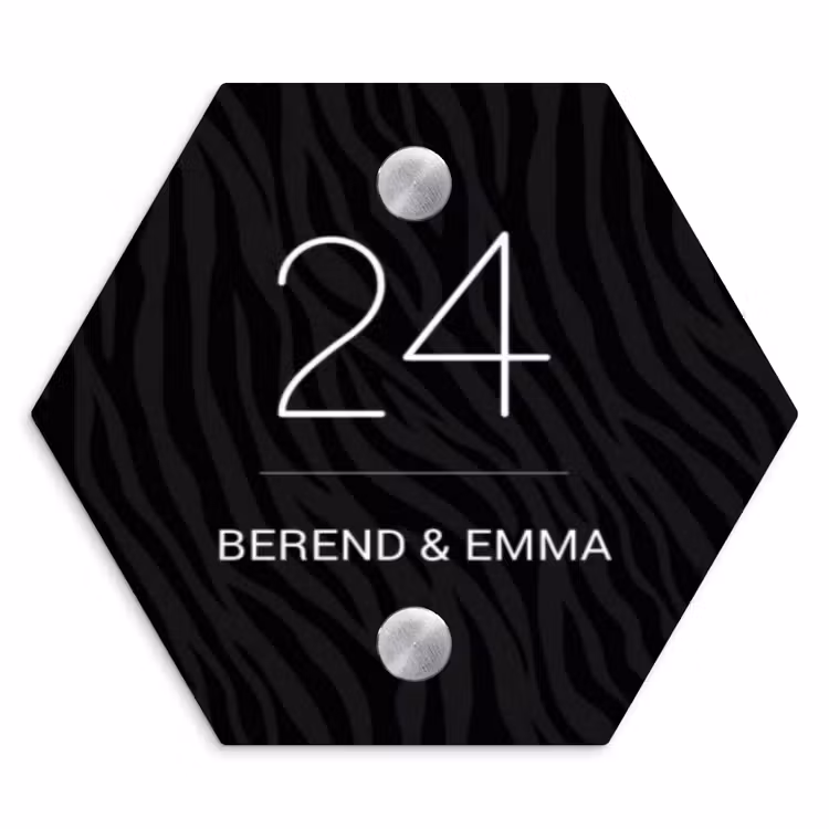 Zwart zebraprint - Klassiek Naambord Hexagon klein -3d