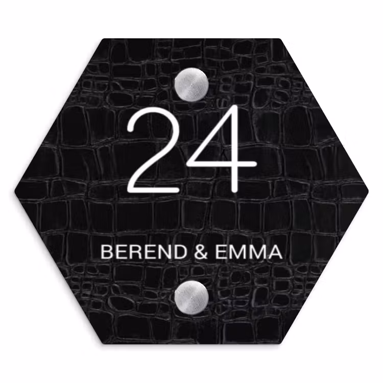 Zwart krokodillenleertextuur - Klassiek Naambord Hexagon klein -3d