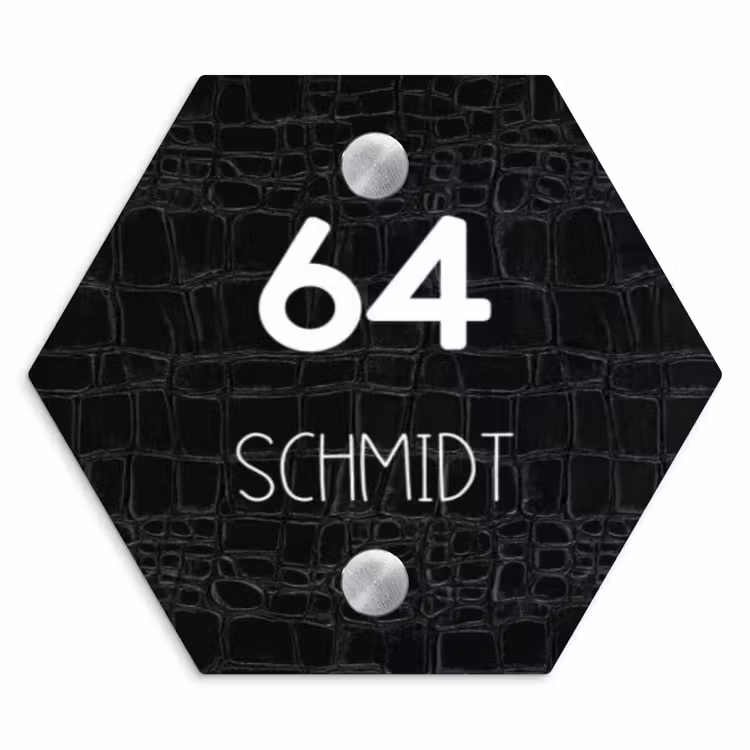 Zwart krokodillenleertextuur - Modern Naambord Hexagon klein -3d