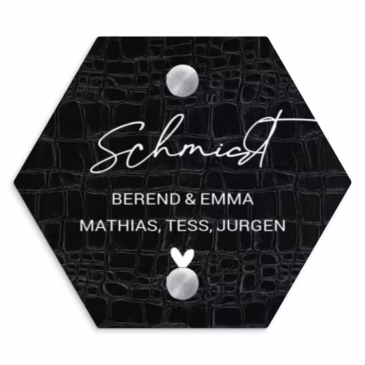 Zwart krokodillenleertextuur - Sierlijk Naambord Hexagon klein -3d