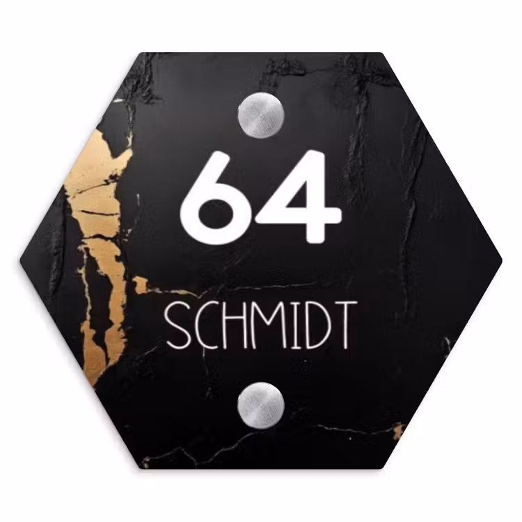 Zwart goud structuur - Modern Naambord Hexagon klein -3d
