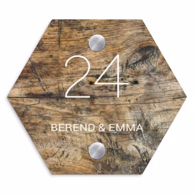 Verweerd hout - Klassiek Naambord Hexagon klein -3d