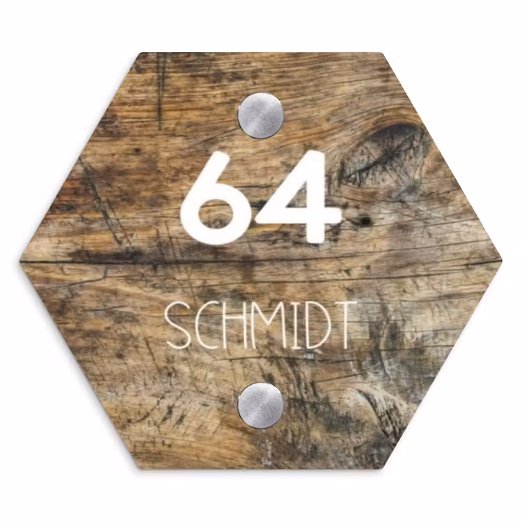 Verweerd hout - Modern Naambord Hexagon klein -3d