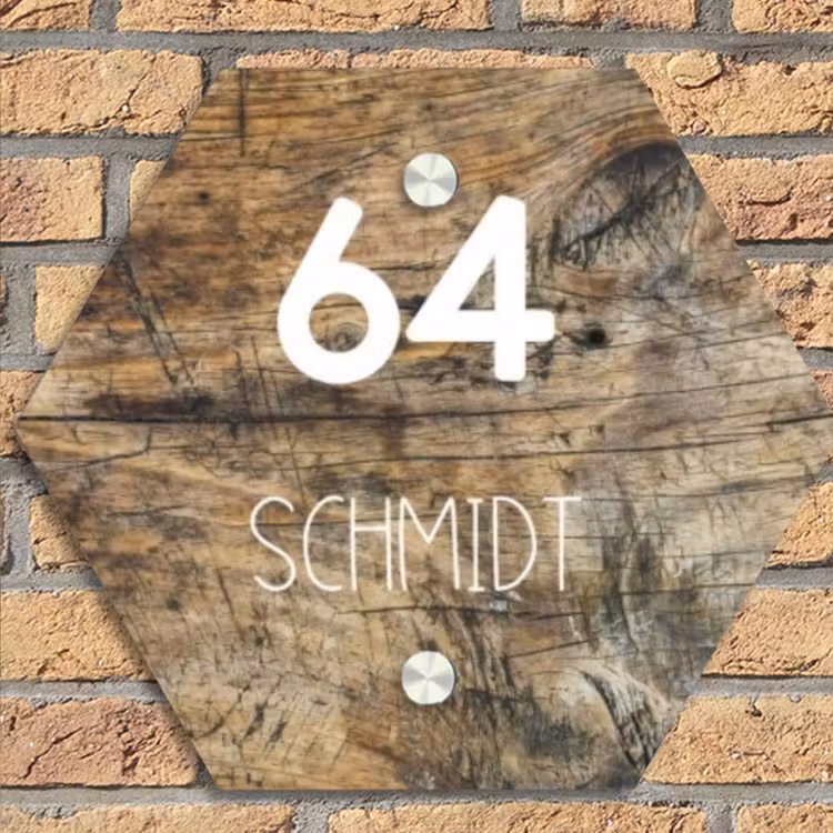 Verweerd hout - Modern Naambord Hexagon klein -sfeer1