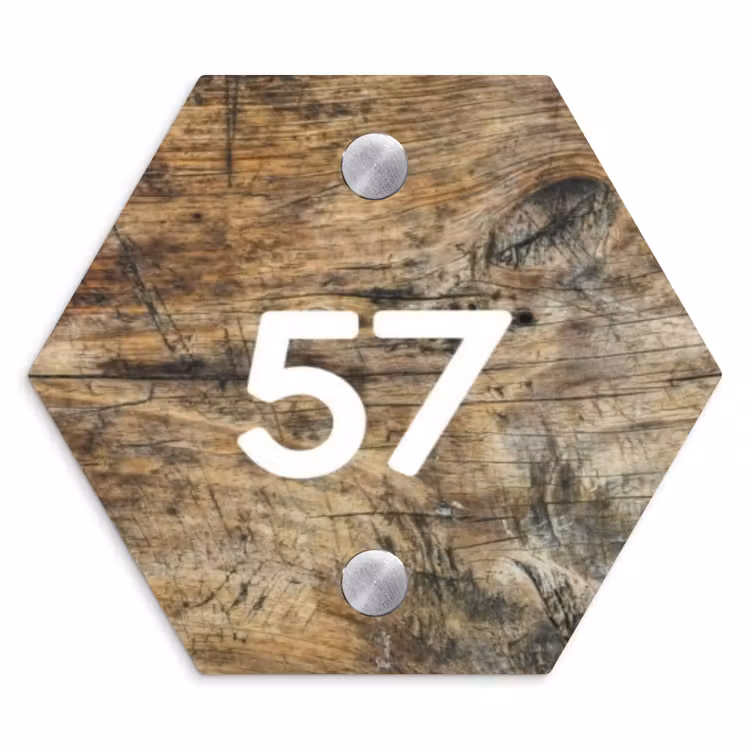 Verweerd hout - Traditioneel Naambord Hexagon klein -3d