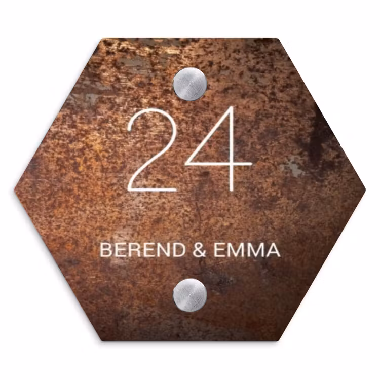 Verweerd metaal - Klassiek Naambord Hexagon klein -3d