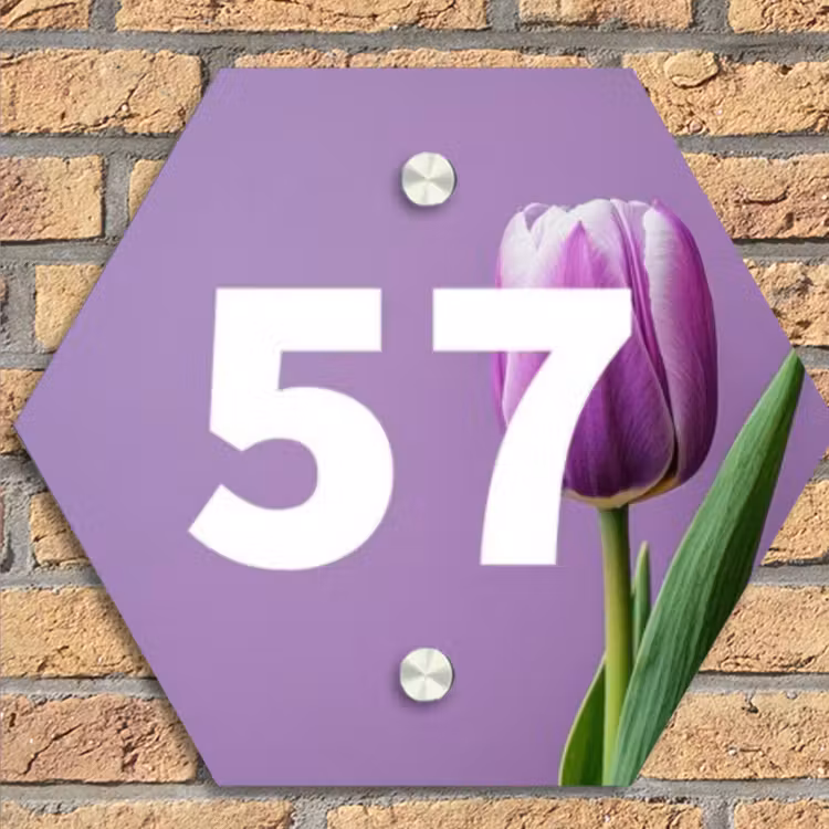 Paarse tulp - Traditioneel Naambord Hexagon klein -sfeer1