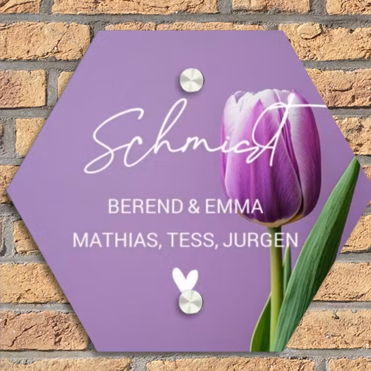 Paarse tulp - Sierlijk Naambord Hexagon klein -sfeer1