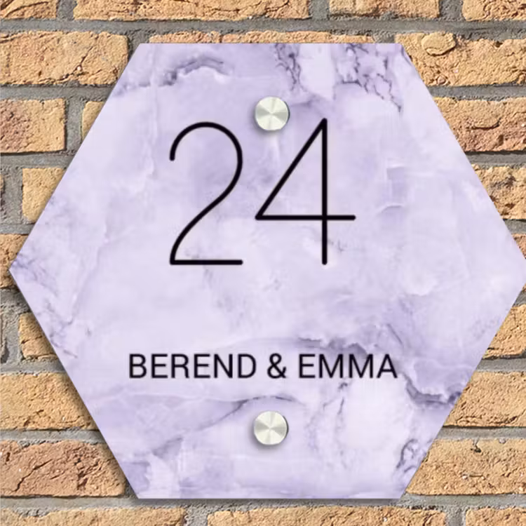 Paars marmer - Klassiek Naambord Hexagon klein -sfeer1