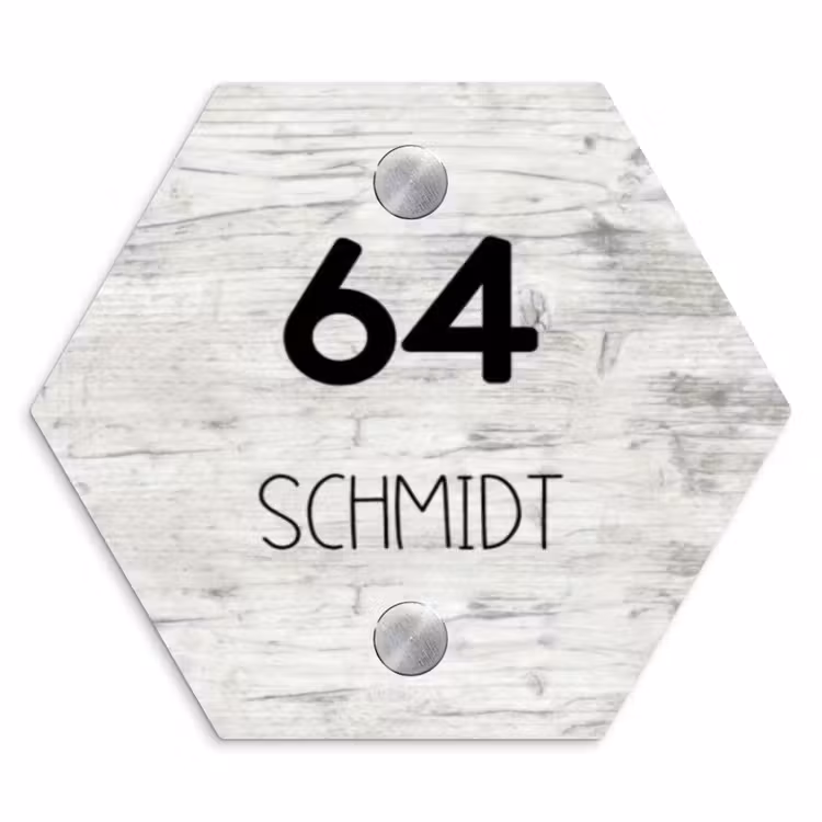 Witgrijs hout - Modern Naambord Hexagon klein -3d