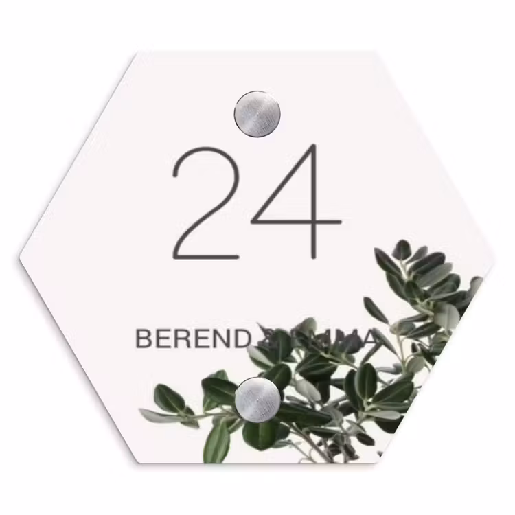 Wit met bladeren - Klassiek Naambord Hexagon klein -3d