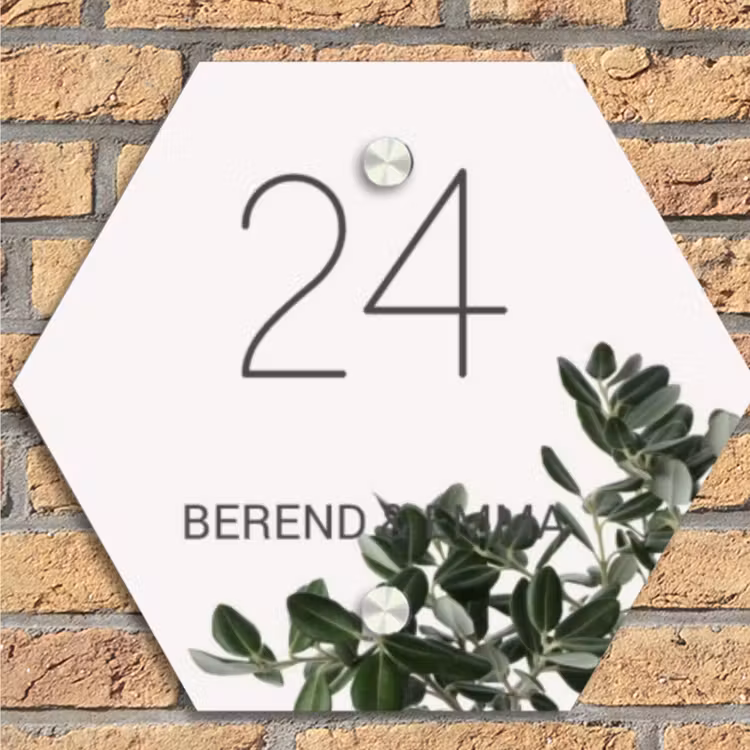 Wit met bladeren - Klassiek Naambord Hexagon klein -sfeer1