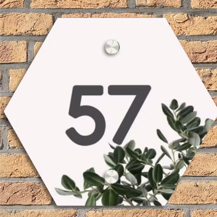 Wit met bladeren - Traditioneel Naambord Hexagon klein -sfeer1