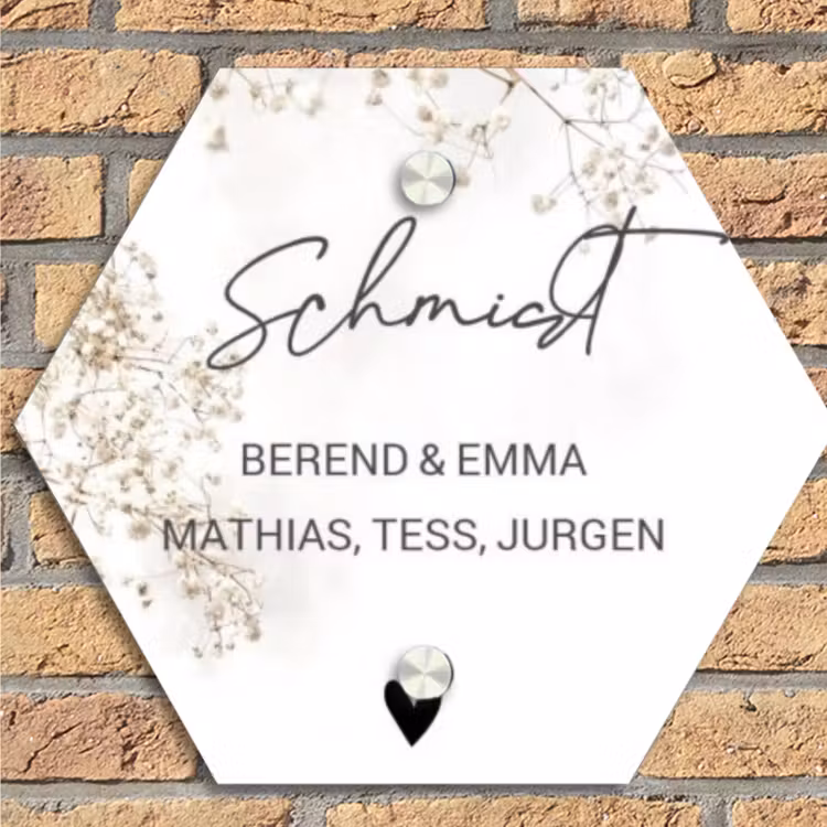 Wit met bloementakjes - Sierlijk Naambord Hexagon klein -sfeer1