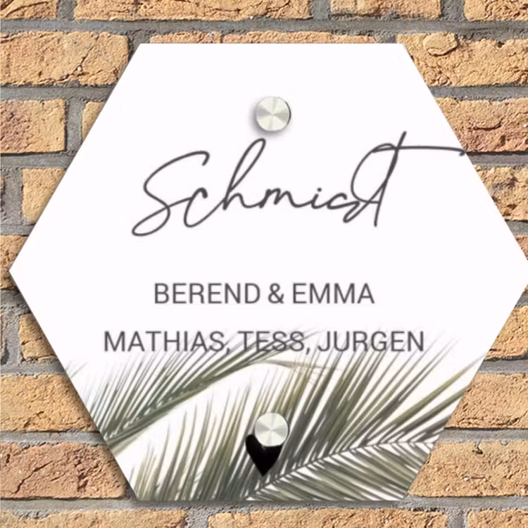 Wit met palmblad - Sierlijk Naambord Hexagon klein -sfeer1