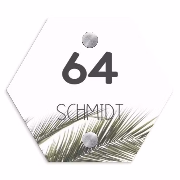 Wit met palmblad - Modern Naambord Hexagon klein -3d