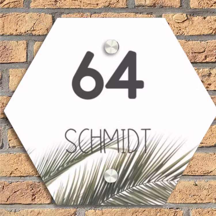 Wit met palmblad - Modern Naambord Hexagon klein -sfeer1
