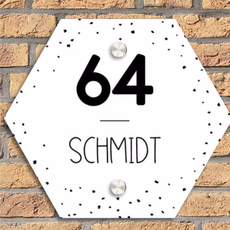 Wit met stippen - Modern Naambord Hexagon klein -sfeer1