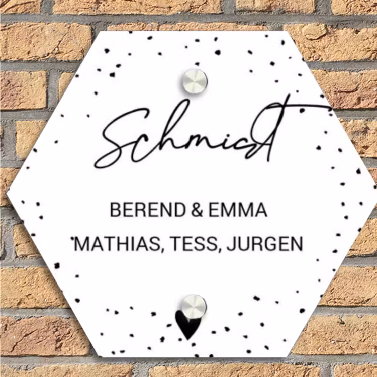 Wit met stippen - Sierlijk Naambord Hexagon klein -sfeer1