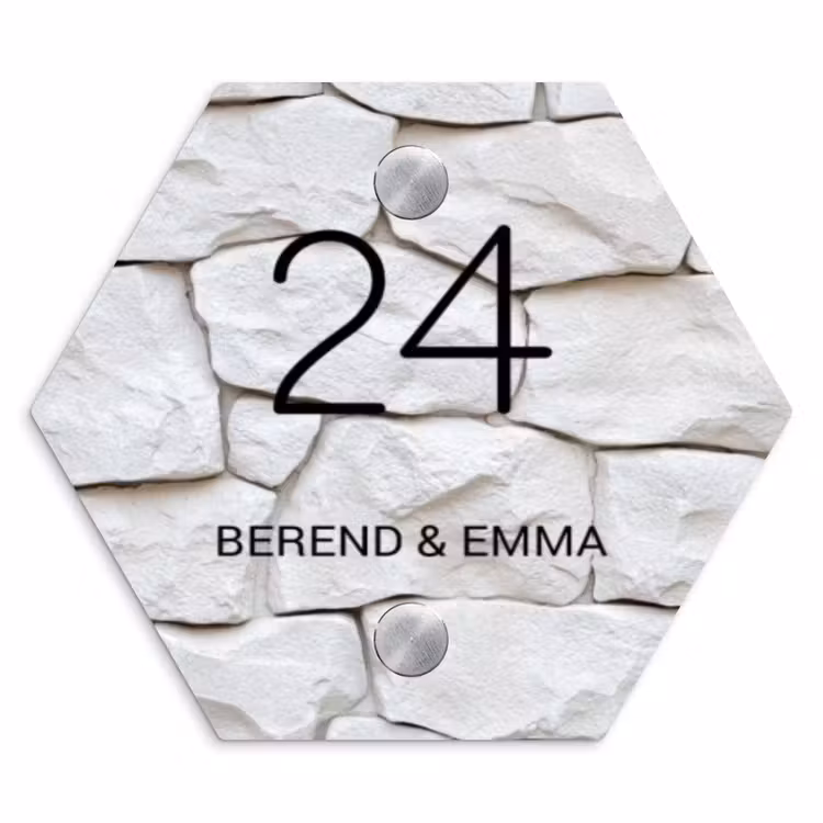 Witte - Natuurstenen - Klassiek Naambord Hexagon klein -3d