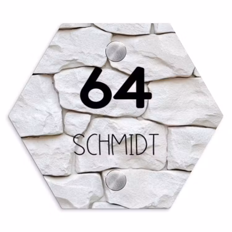 Witte - Natuurstenen - Modern Naambord Hexagon klein -3d