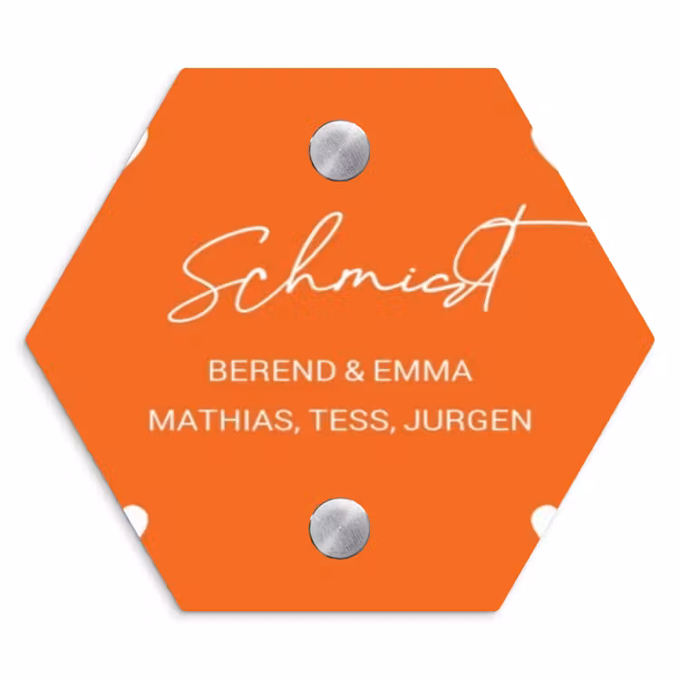 Weiße Herzchen in den Ecken - Elegant Naambord Hexagon klein -3d
