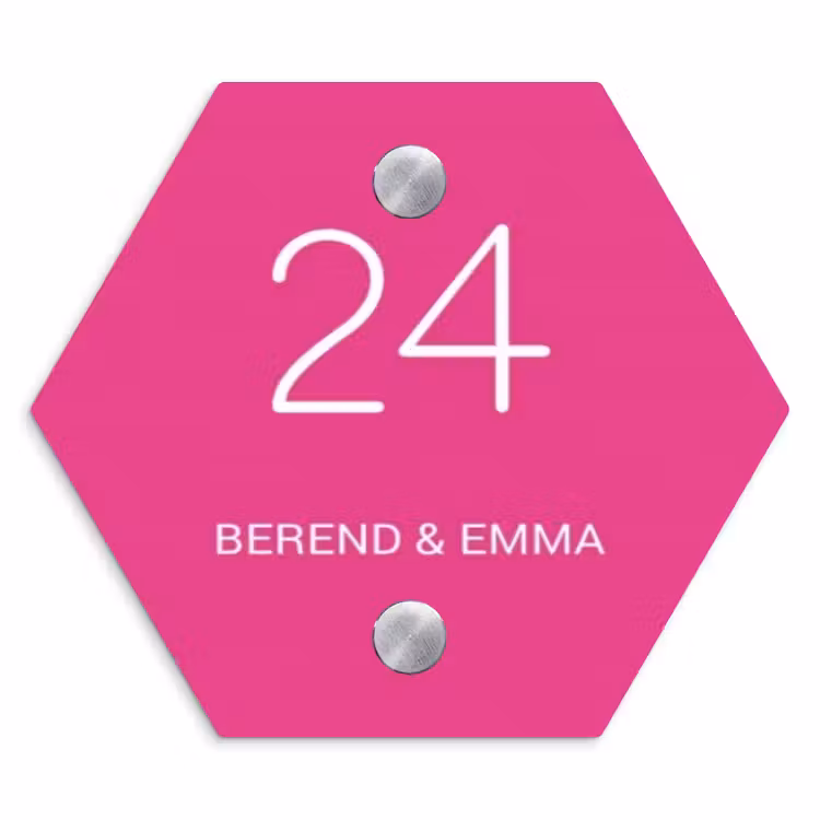 Weiße Herzchen in den Ecken - Modern Naambord Hexagon klein -3d