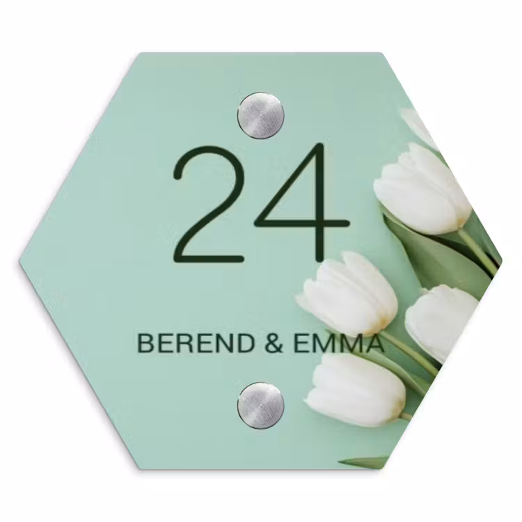 Witte tulpen - Klassiek Naambord Hexagon klein -3d