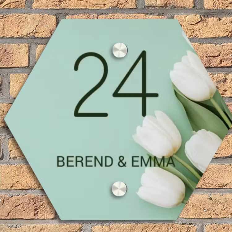 Witte tulpen - Klassiek Naambord Hexagon klein -sfeer1